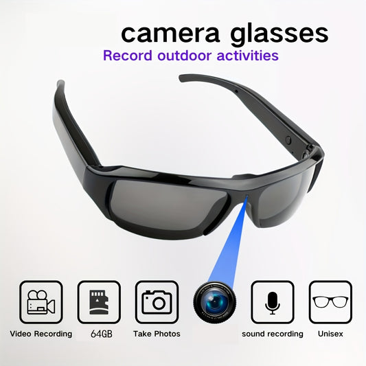 HD video glasses for sports & meetings, 1080P, 90-min battery, 75° wide angle, 64GB memory card included.