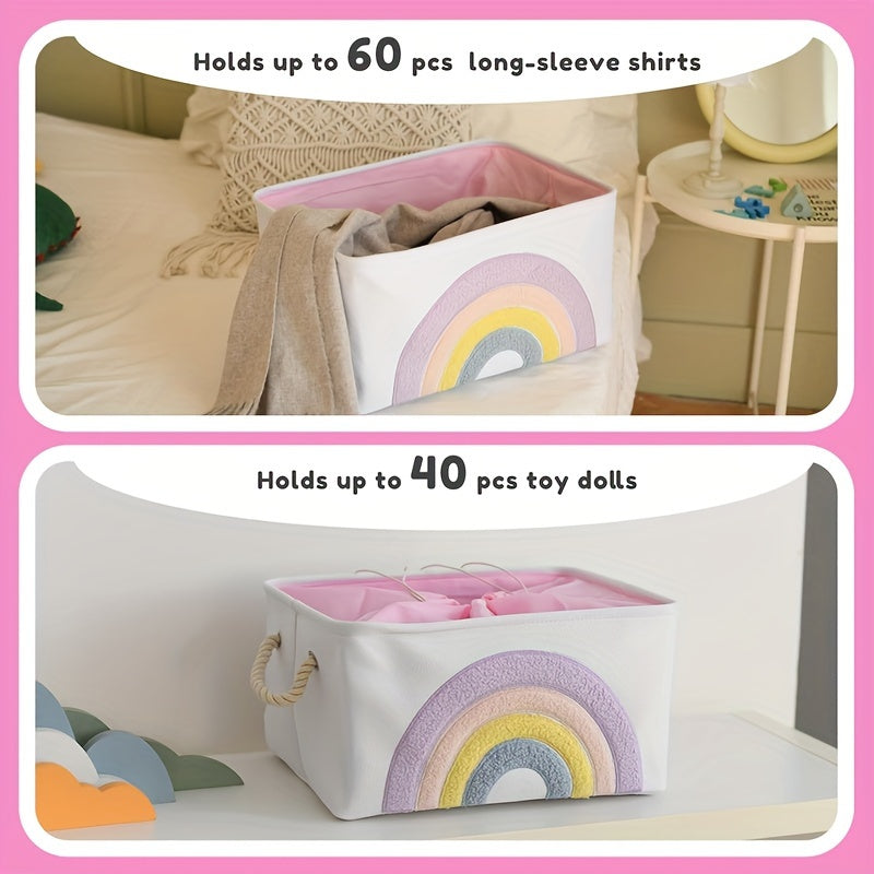 Large canvas storage basket with handles, featuring a foldable rainbow design. Ideal for organizing toys, home items, DIY supplies, and as a gift bin for birthdays or showers. Suitable for individuals aged 14 and over, made from high-quality textile