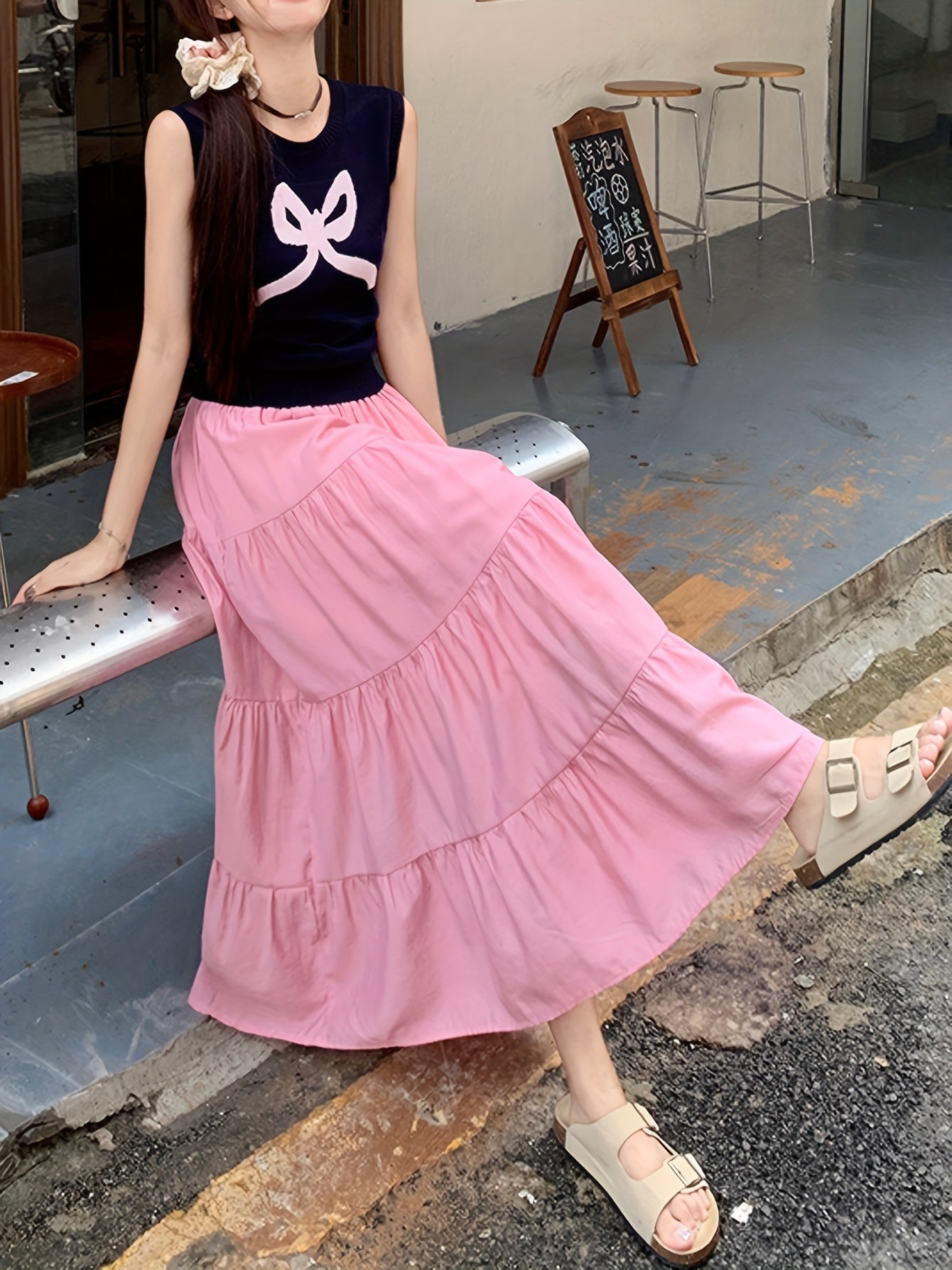 Stylish white French long skirt with elastic waistband, slimming A-line design, non-transparent lining, perfect for women.