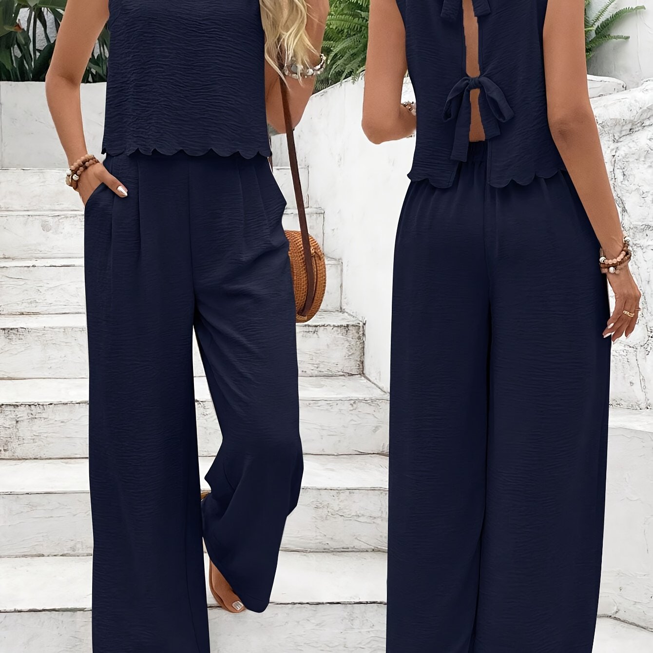 Women's 2-piece set includes solid color pants with petal edge hem and tie back waist, made of 95% polyester and 5% elastane woven fabric. Also includes a sleeveless waistcoat with casual