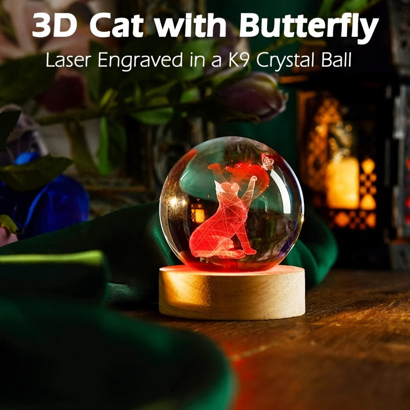 Cat Crystal Ball Night Light on Wooden Base, 5.99cm Lamp for Cat Lovers, Snow Globe Gift for Women - $1pc