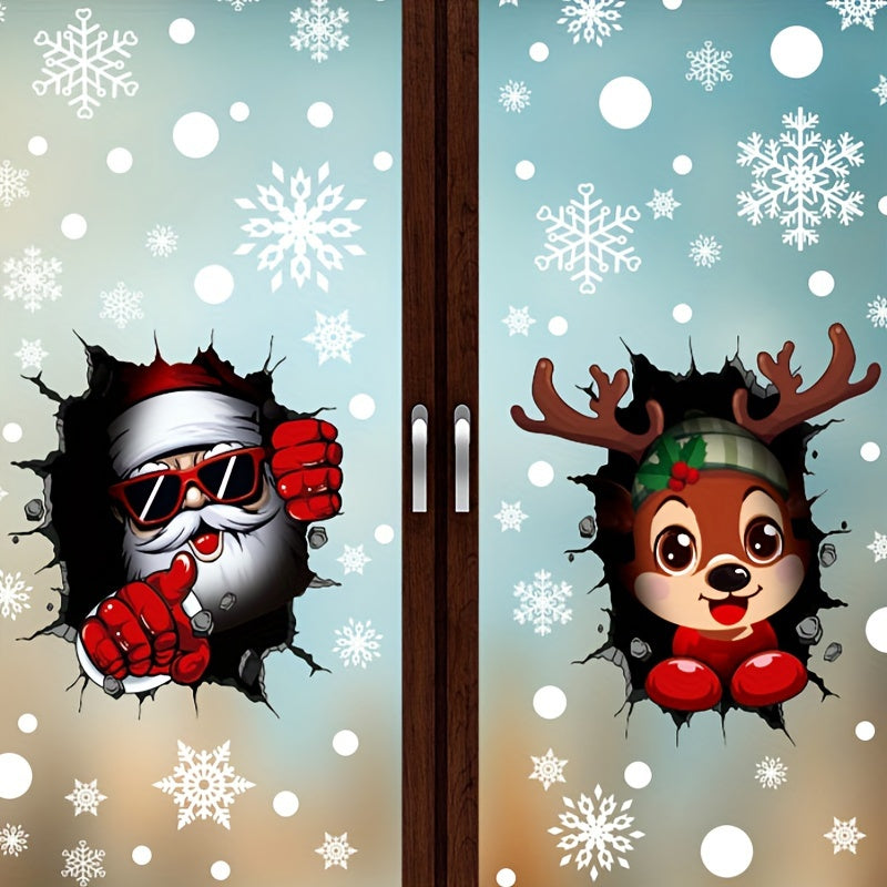 Three-dimensional Santa Claus, snowman, and elk stickers for Christmas decorations. These static electricity stickers can be applied to windows and glass surfaces, featuring snowflakes for a festive touch at Christmas parties.