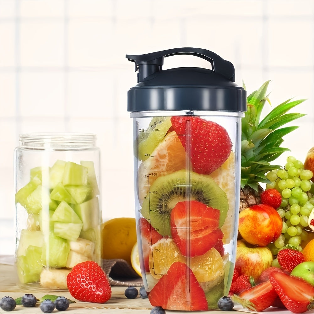 This Nutribullet Blender Accessory is a 32oz Blender Cup with a convenient Flip-Top Lid. It is a compatible replacement part for 600W and 900W models, ensuring a perfect fit. The cup is BPA-free and can be safely cleaned in the dishwasher for your