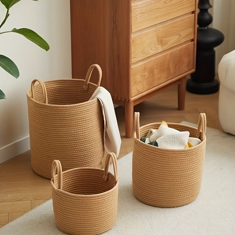 Large capacity rustic cotton rope woven laundry basket with a modern style, perfect for organizing clothes in your home. This round-shaped basket has handles for easy transportation and is ideal for use in the laundry room. No lining included.