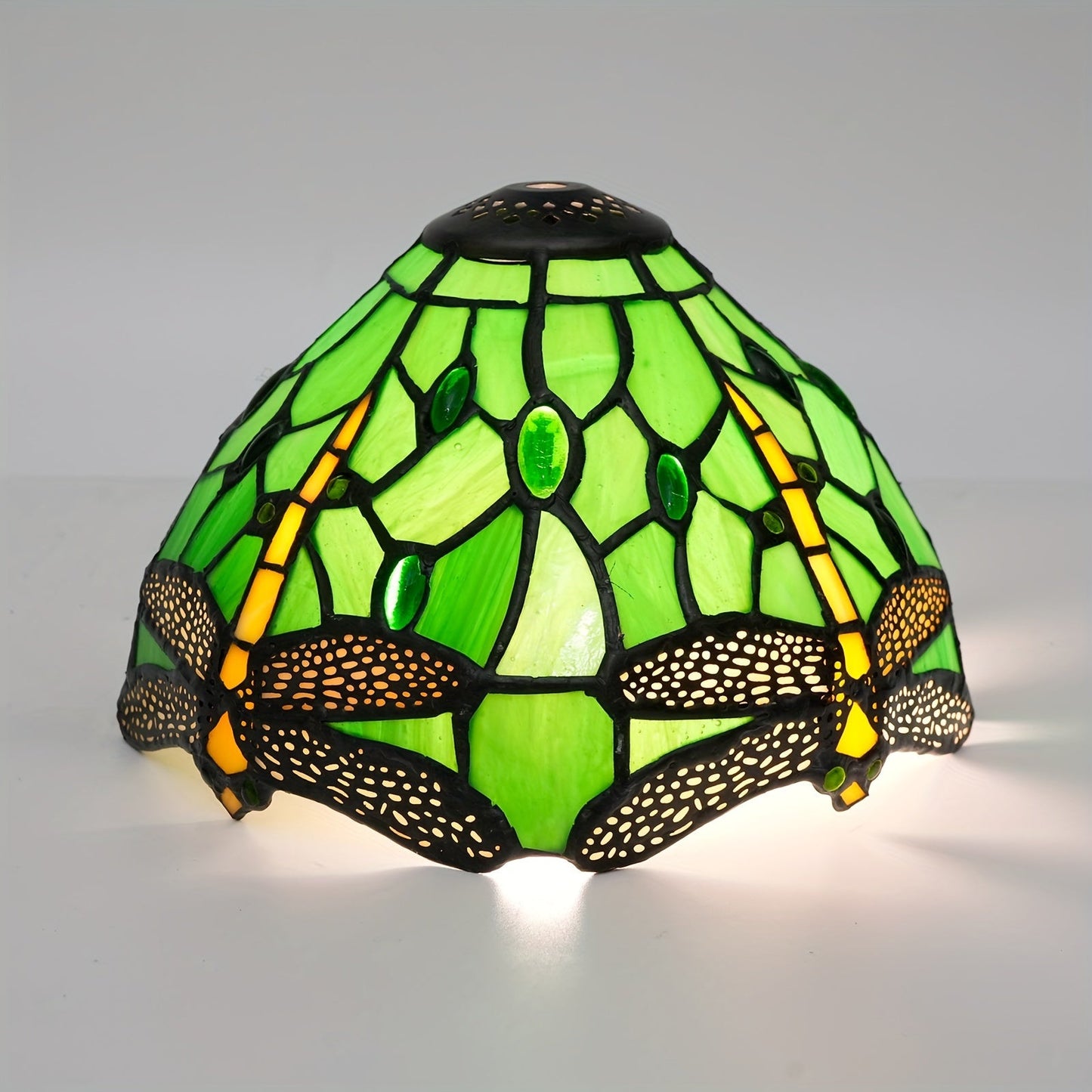 Handmade American Country Series Lampshade featuring a Floral Dragonfly and Baroque Rose Flower design. Made of Colored Glass, this lampshade is perfect for Table Lamps or Chandeliers. Measures 0.99cm on top, 20.32cm on the bottom.