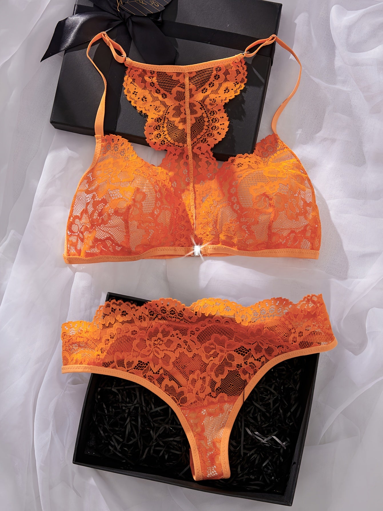 Floral lace cami bra and panties set for women's lingerie.