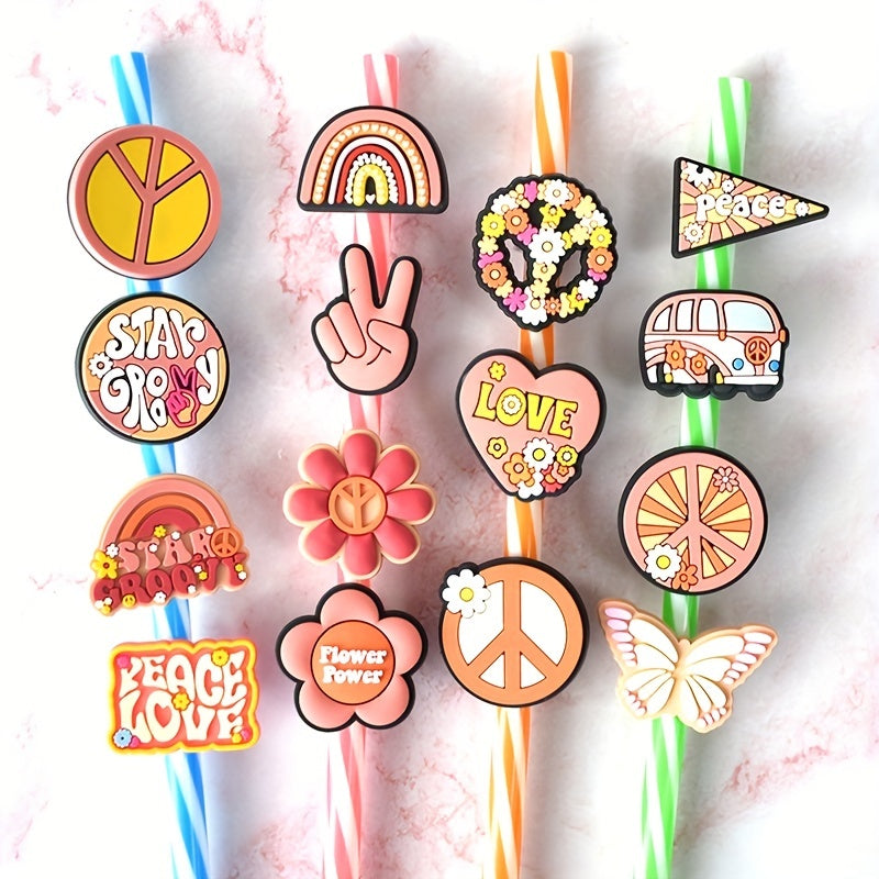 Set of 15 Peace Love Butterfly Flowers Straw Toppers Charms for Tumblers - Travel-Friendly Dust-proof Straw Plugs for Home and On-the-Go Use.