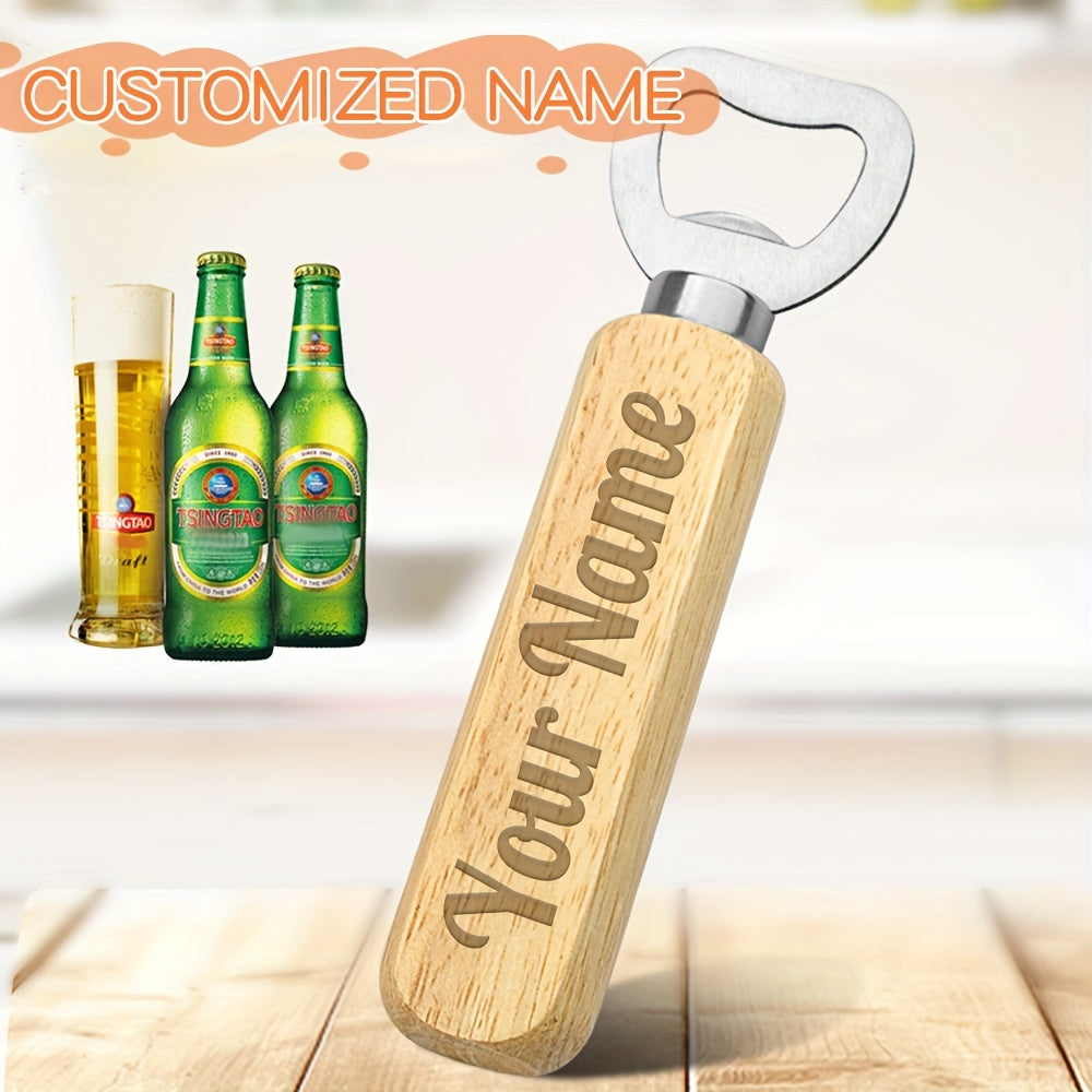 Personalized stainless steel beer bottle opener with wooden handle, perfect for business gifts, events, and carrying your contact information.