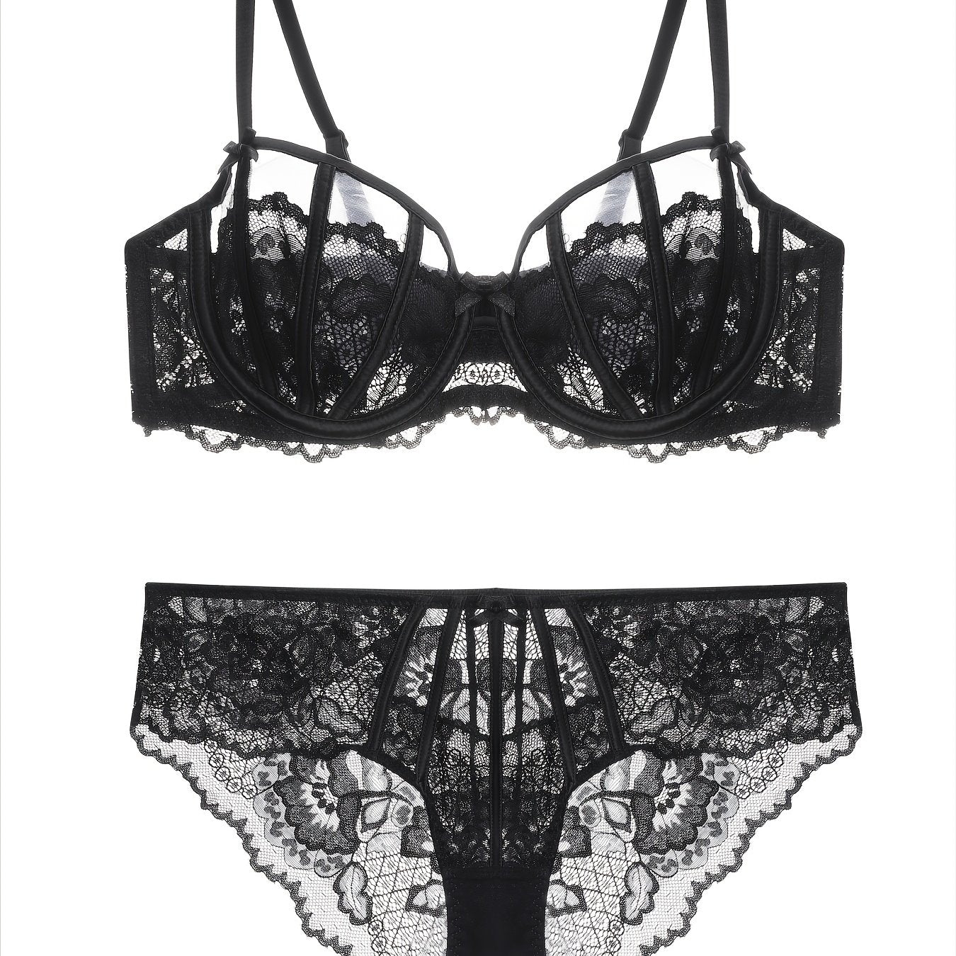 Floral lace unlined bra and bow panties set for women.