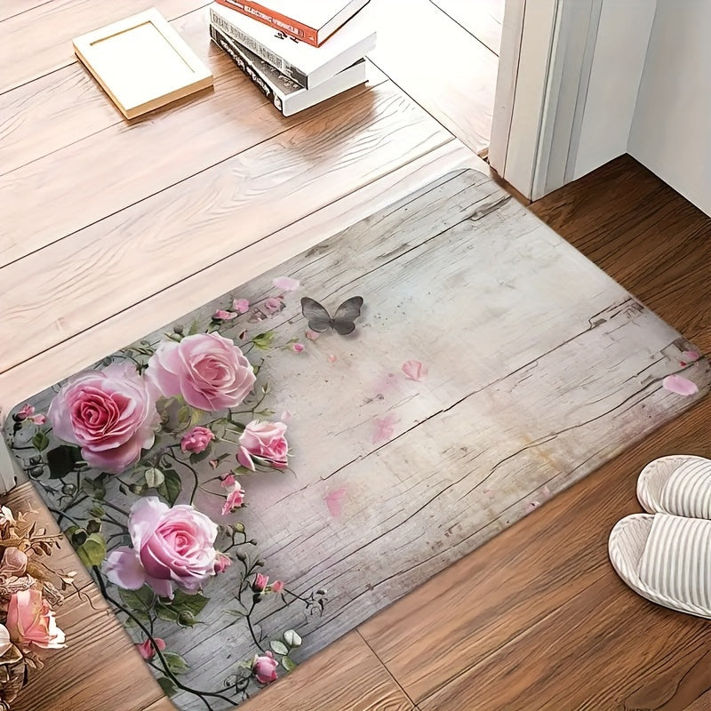 Rectangular Non-Slip Polyester Rug with Floral Design for Kitchen, Office, Entryway, Living Room, Bedroom, or Laundry Room - Machine Washable Indoor Doormat for Comfort and Anti-Fatigue with PVC Backing