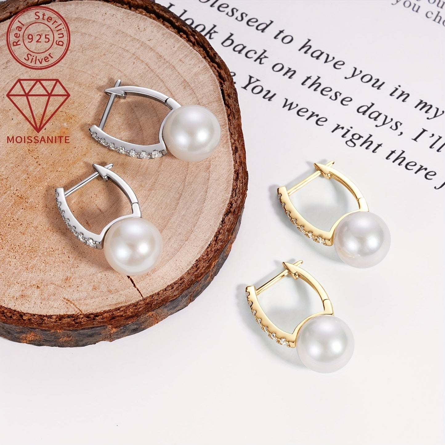 A pair of 925 Silver Women's Fashion Pearl Earrings featuring a round 9.5-10mm Natural Freshwater White Pearl and 14pcs of Moissanite stones measuring 1.8mm each, totaling 0.35ct. The earrings weigh 2.11g in total and are a stunning combination of pearls