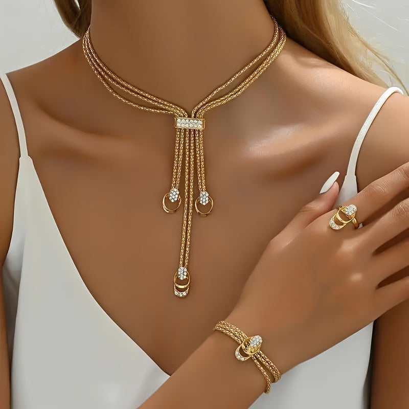 Luxurious Boho Street Style Jewelry Set - Includes Necklace, Earrings, Bracelet, and Ring | 14K Gold Plated Zinc Alloy with Rhinestone Details | Ideal for Weddings, Parties, and Gifts | Perfect for Spring Festivals and Year-Round Wear