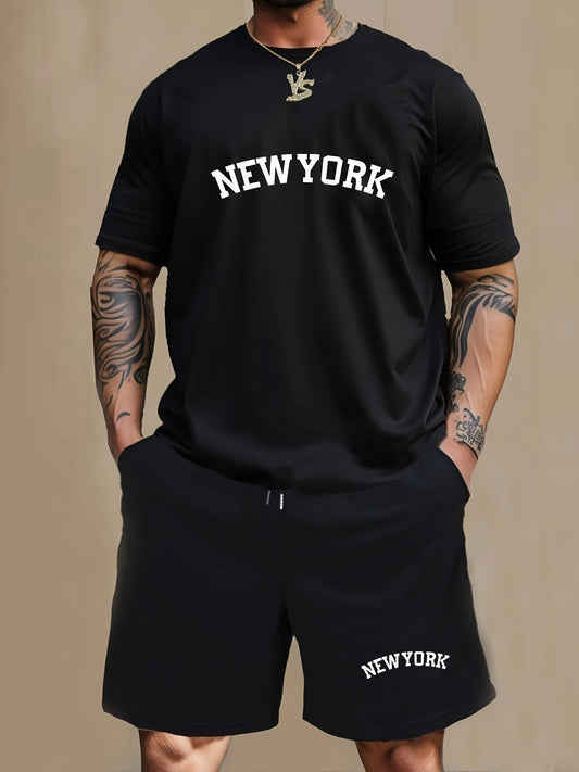 Men'S Casual 2-piece Pajama Set with NEW YORK Print, Short Sleeve T-Shirt, and Knee-Length Shorts made of Polyester & Spandex Blend, Medium Stretch, All-Season Comfort, Knit Fabric, with