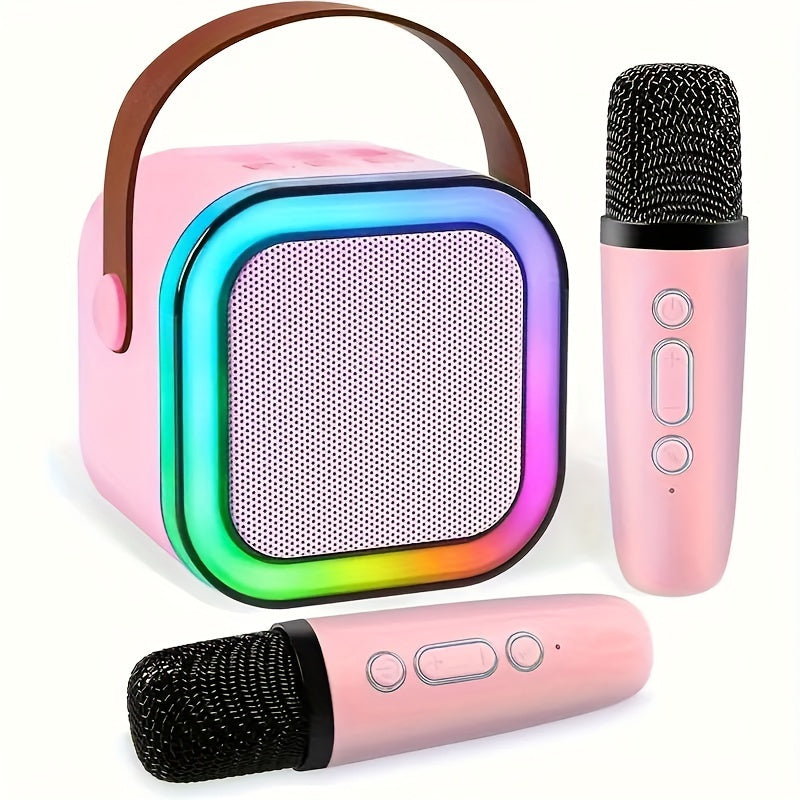 Portable wireless karaoke speaker and microphone set, rechargeable and colorful for adult birthday parties. Ideal for home karaoke systems, featuring modern microphone style and Type-C