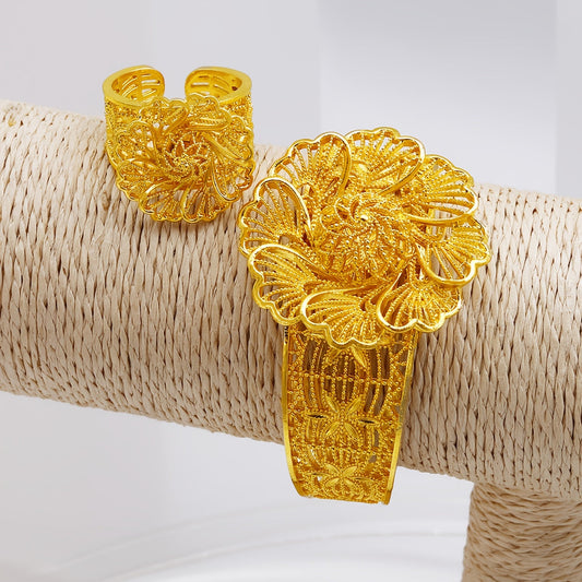 Vintage Chic, Stylish Sunflower Bracelet & Ring Set - Classic Alloy Accessories for Ladies, Ideal for Weddings & Events