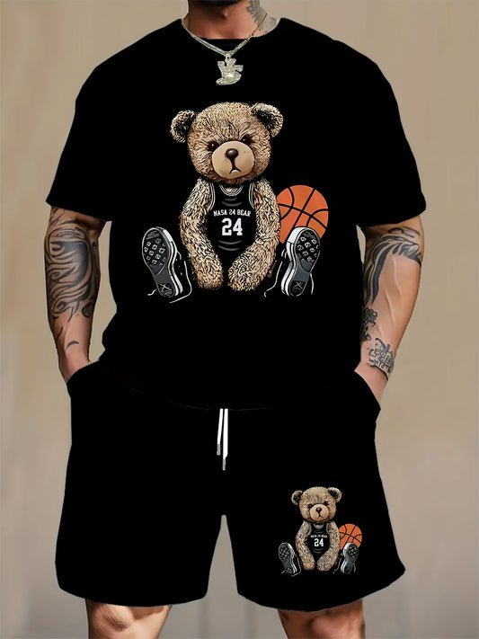 Plus size men's bear graphic tee and shorts set for summer outdoor sports, trendy casual 2-piece outfit.