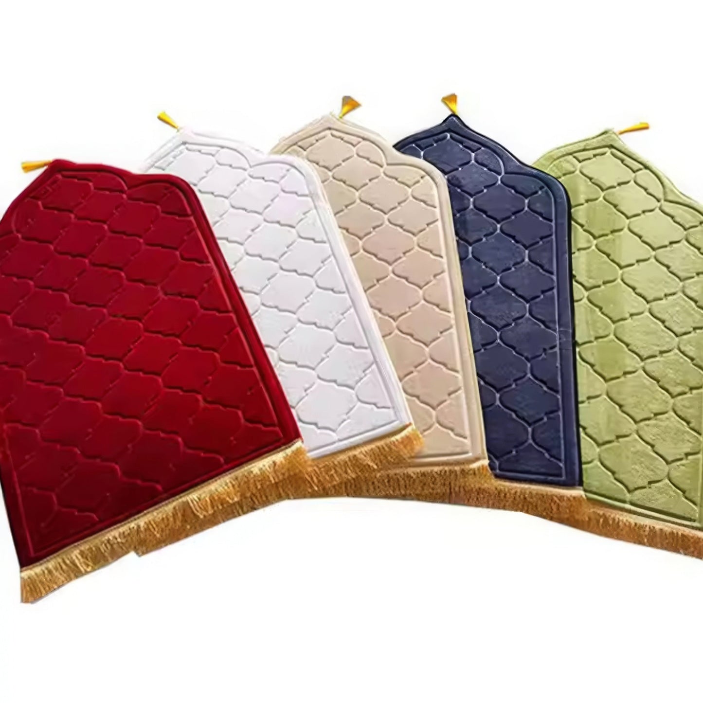 Spread Holiday Joy with this Luxurious Thick Flannel Muslim Prayer Mat. It is Non-Slip, Soft, and Durable with Tassels, making it Perfect for Home & Outdoor Use. Choose from White, Navy Blue, Green, Beige, & Pink with Hexagonal Patterns.