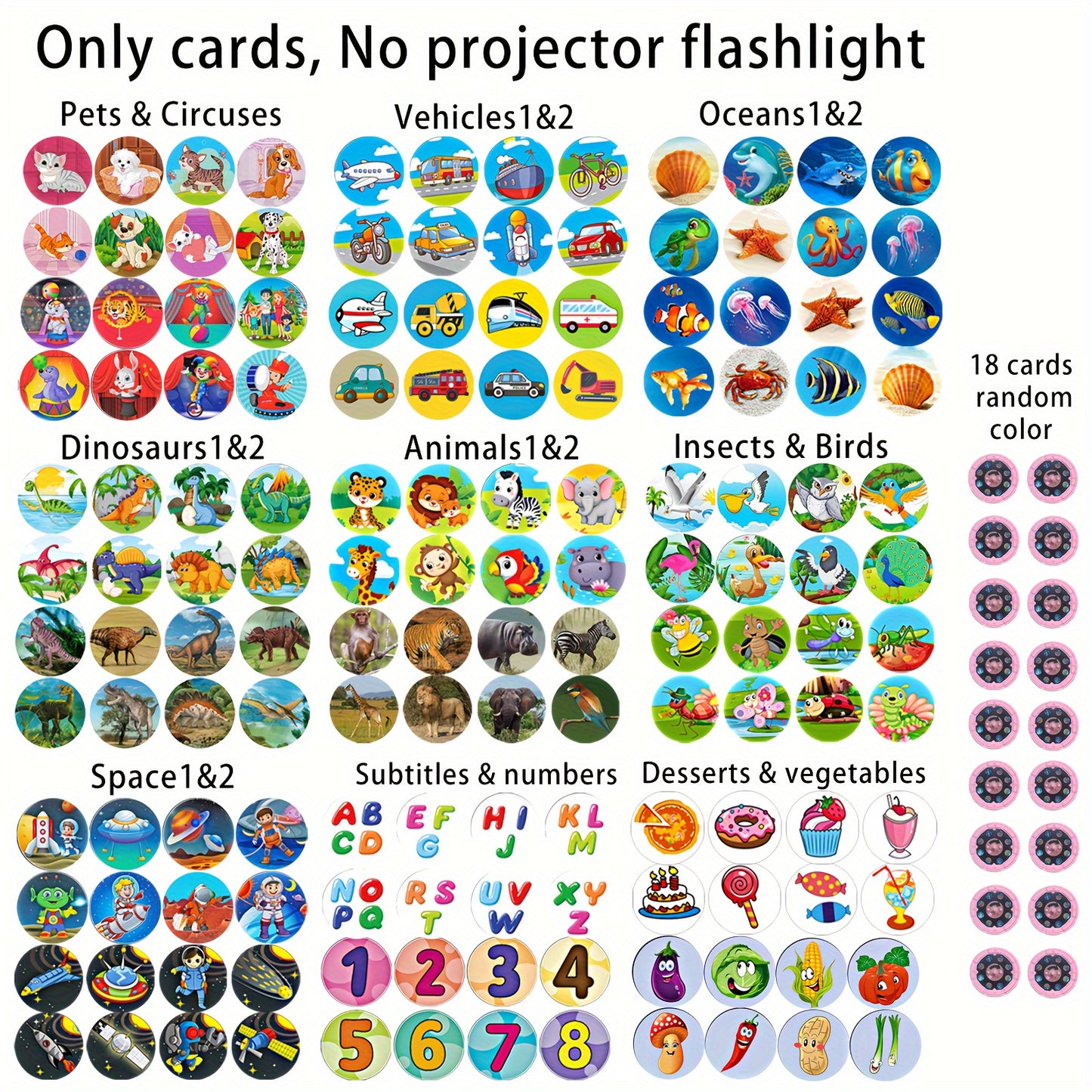 Projection Flashlight Cards: For 3.2cm flashlights, 18 cards with 144 patterns for ages 3+. Designs include animals, vehicles, pets, dinosaurs, oceans, and birds.