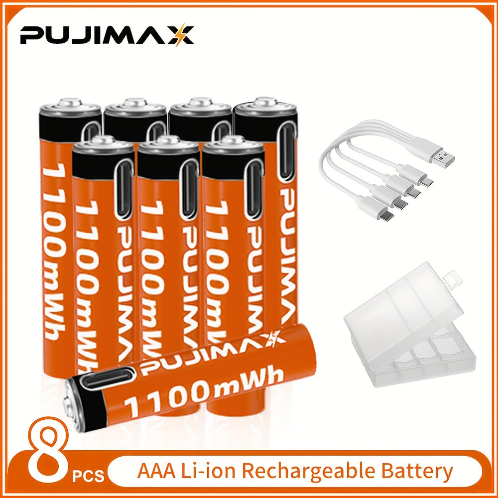 PUJIMAX AAA 1.5V rechargeable battery - Lithium ion with fast USB-C charging for various devices, includes charging cable.