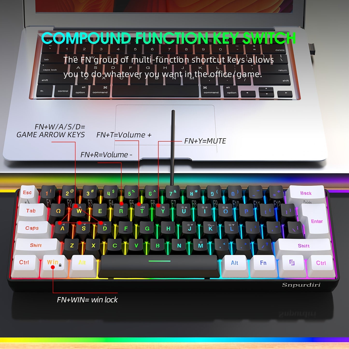 SNPURDIRI 60% Mini RGB Gaming Keyboard with 61 keys, RGB backlight, USB powered. Ideal for PC/Mac gamers, typists, and travel.