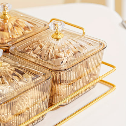 Amber golden-trimmed serving set for dried fruit and nuts, perfect for special events with beaded decorations.