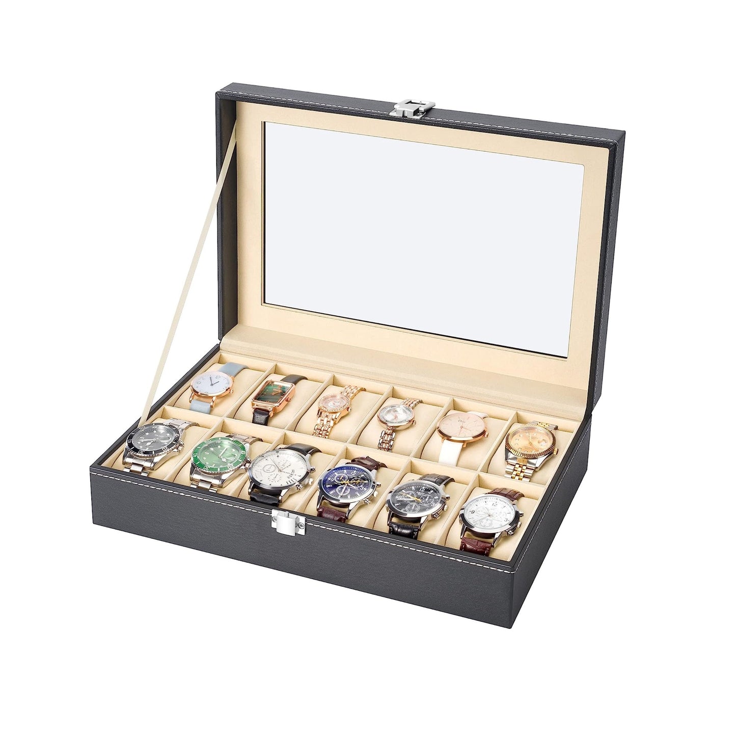 PU Leather Watch Box Display Case with Glass Top, Organize 1, 2, 6, 12, or 24 Watches