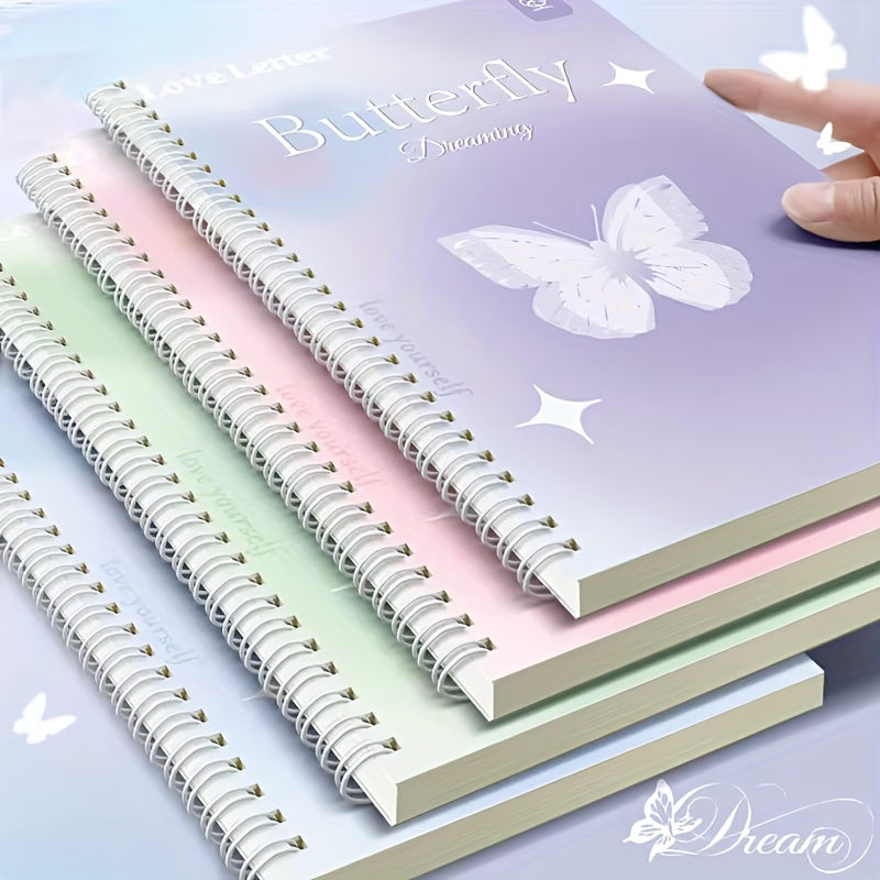 Set of 4 A5 butterfly dream coil notebooks with wide ruled spiral design, durable high-quality paper, lay-flat 360° design, cute and stylish for writing and notes.