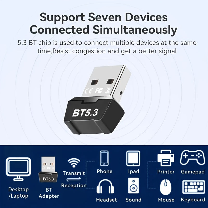 5.3 Wireless USB network adapter for multiple device support without the need for drivers. Ideal for connecting various devices such as headphones, speakers, tablets, keyboards, mice