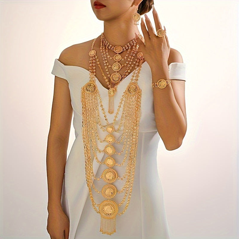 Gold-plated copper jewelry set specifically designed for the Middle East, perfect for festivals and weddings. This stunning set includes two necklaces, bracelets, earrings, and a ring, making it the ideal choice for women looking to add a touch of luxury