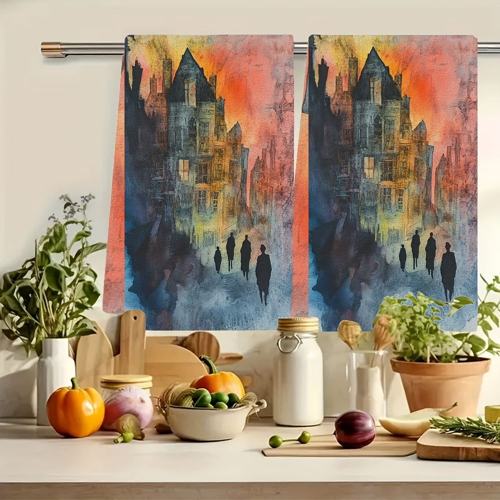 Two pieces of artistic sunset townscape kitchen towels that are ultra soft and highly absorbent. Made of polyester, these dish hand towels are machine washable and measure 40.64x60.96 cm. Add a vibrant holiday decor to your kitchen with these dish towels.