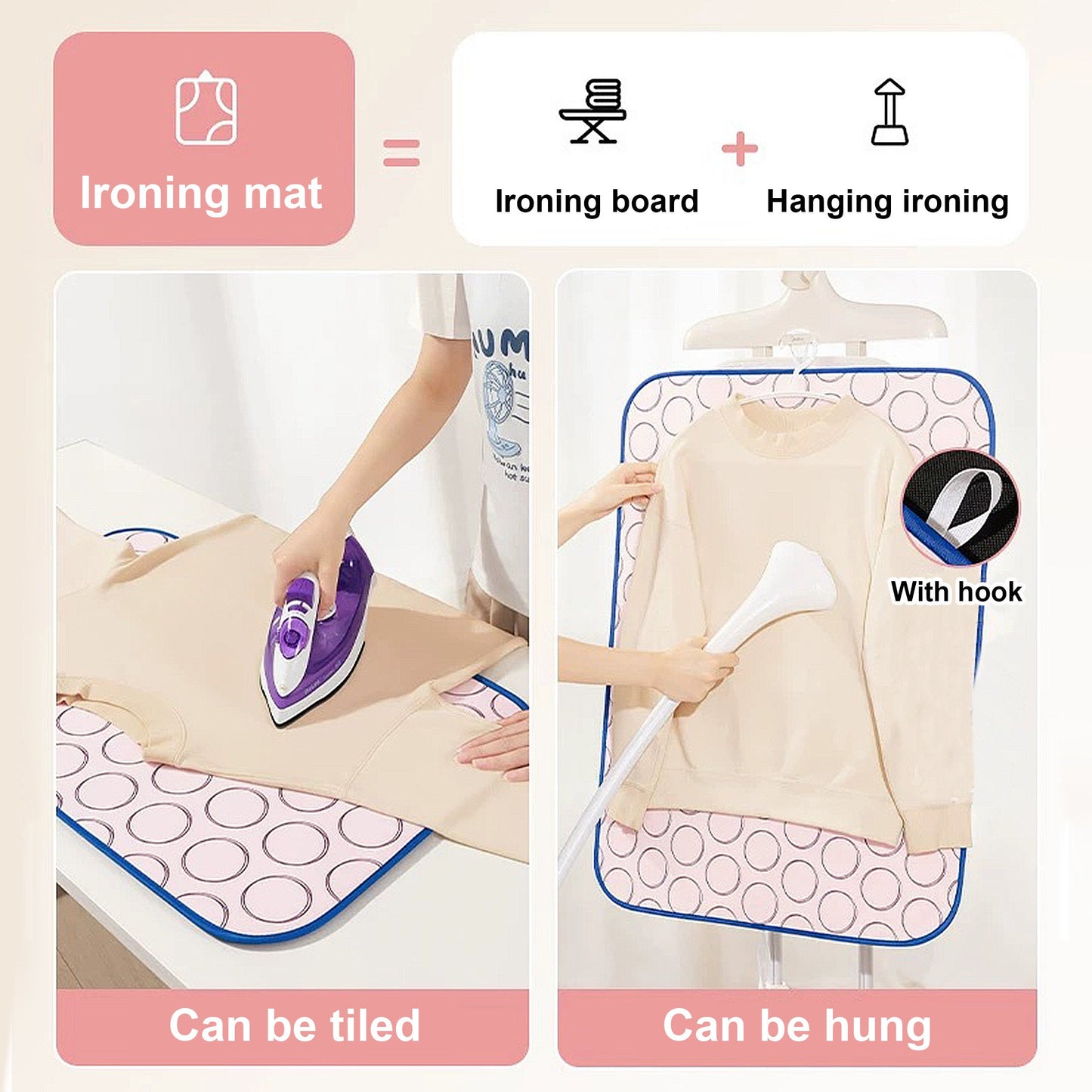 Set includes 2 foldable ironing mats and handheld board with moisture-resistant, high-temperature resistant, and non-slip features. Perfect for travel, dorm, and home use without the need for electricity.