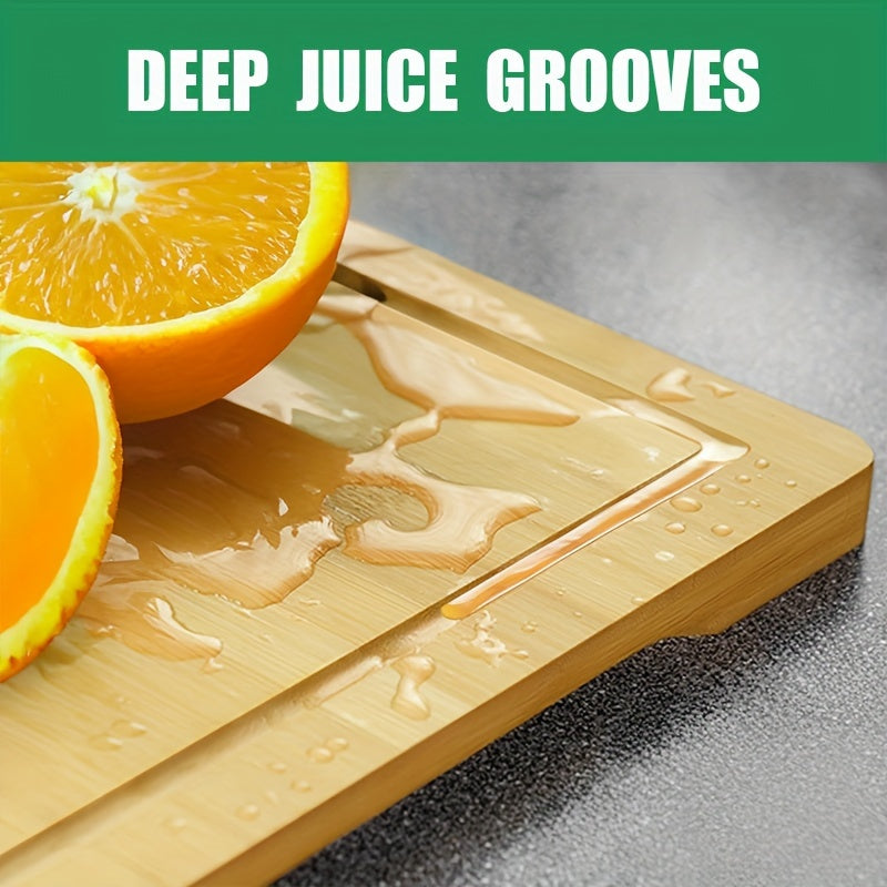 A collection of kitchen cutting boards made from high-quality wood, including bamboo. This set includes three cutting boards with juice grooves, perfect for preparing meats, fruits, and vegetables. Also included are serving boards with easy-to-grip