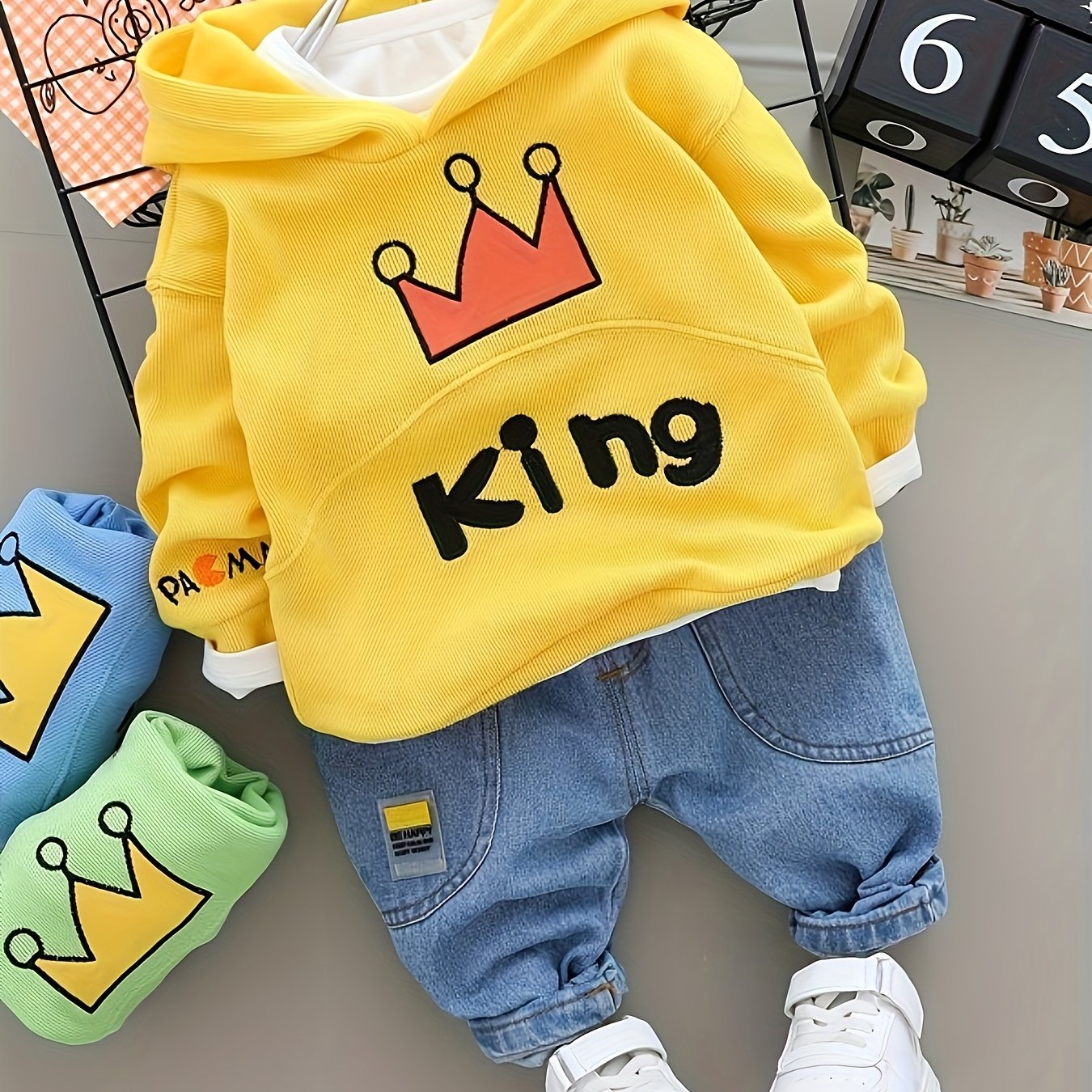 Autumn set for boys: long sleeve top and pants with crown embroidered hoodie and jeans for casual outdoor fashion.