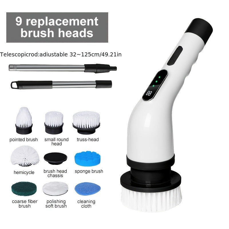 Introducing the innovative 9-in-1 multi-functional cleaning brush! This brush features adjustable speed settings, switchable intensity modes, and high-speed rotation for powerful cleaning. With a durable 1800mAh battery that is USB rechargeable, this