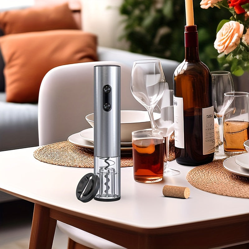 This Electric Wine Bottle Opener features a stylish CD Pattern design in durable Stainless Steel. The Automatic Corkscrew requires 4 AA Batteries (Batteries not included).