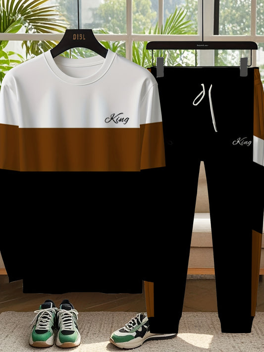 Casual sports set for men includes a crew neck long sleeve sweatshirt and drawstring joggers in color block print knit fabric blend of polyester and spandex. Designed for spring/fall