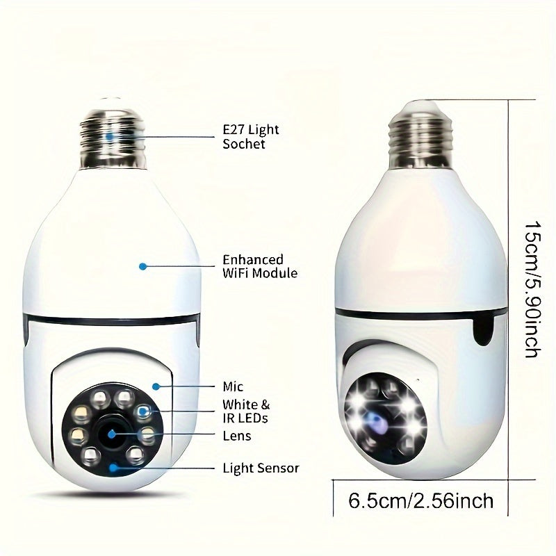 355° Indoor/Outdoor Bulb Security Camera with Two-Way Audio, Color Night Vision, Motion Detection Alarm, Wi-Fi Capabilities, Screw-in Mount, App Control, No Battery Needed. Ideal for Home