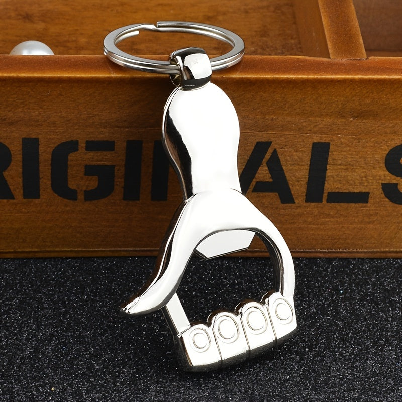 Multifunctional palm-shaped metal keychain bottle opener requires no power, suitable for kitchen and dining decor.