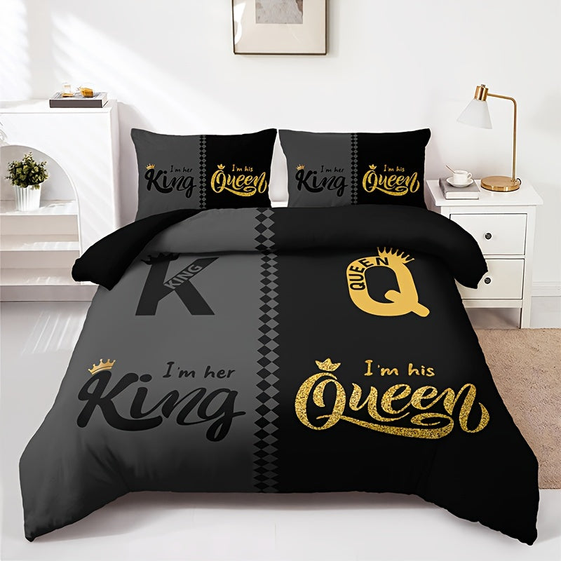 Black and grey duvet cover set featuring crown lettering design, including 1 duvet cover and 2 pillowcases. High definition printing for home and dorm decor, comforter not included.