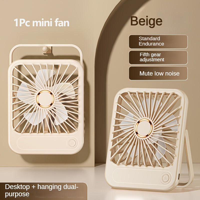 Compact USB rechargeable table fan with 3 speed modes and button control. Made of plastic, suitable for indoor and outdoor use. Rated at 5W, includes cord and built-in lithium battery for convenient office, bedroom, and camping use.