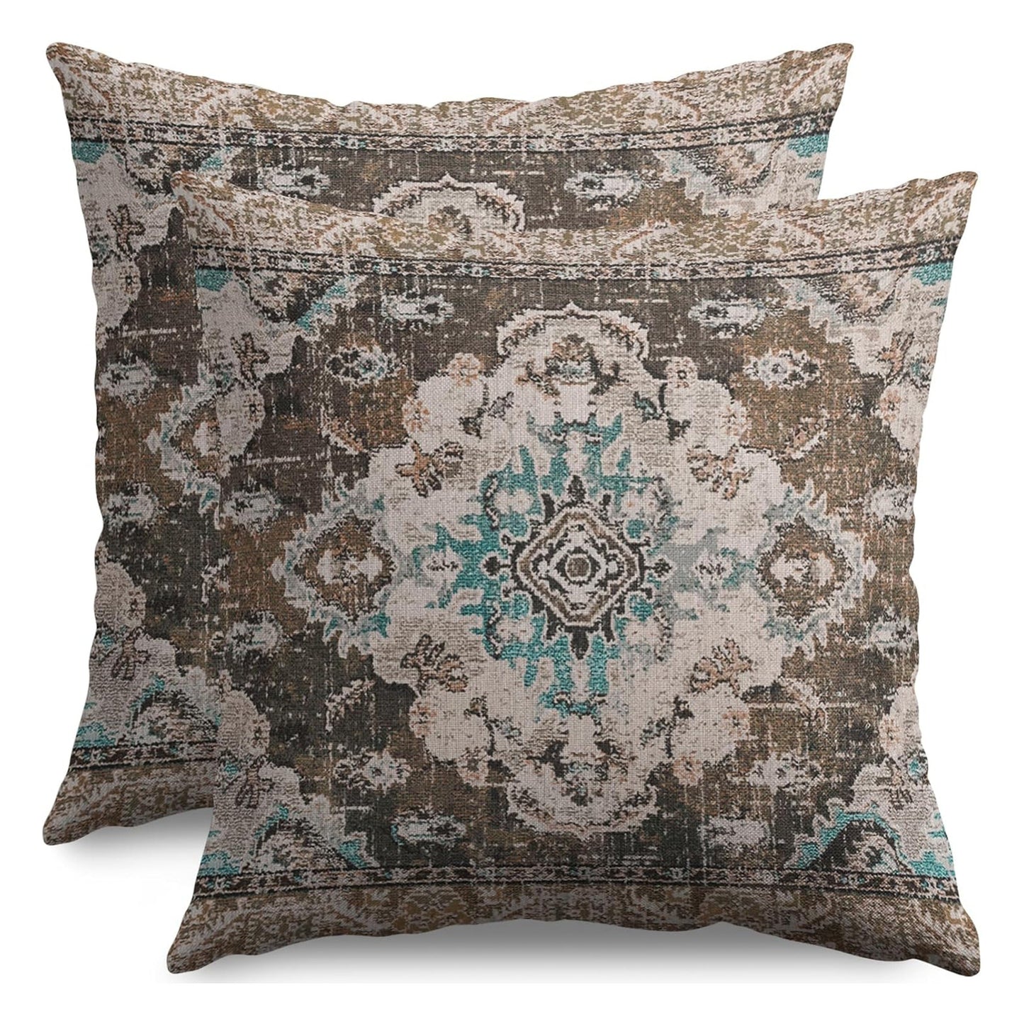 Pair of Boho Chic Linen Pillow Covers featuring a Brown & Blue Floral Design, with Zippered closures for easy removal. These Decorative Throw Pillow Cases are suitable for use on both sofas and beds, and are Machine Washable for easy maintenance.