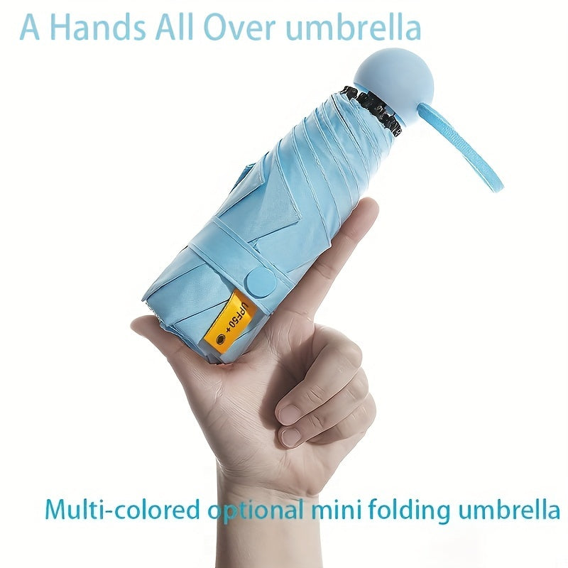 Compact 5-fold umbrella for women with sun-resistant fabric, 6-rib frame, manual open/close, and plastic handle, in a casual cute style.