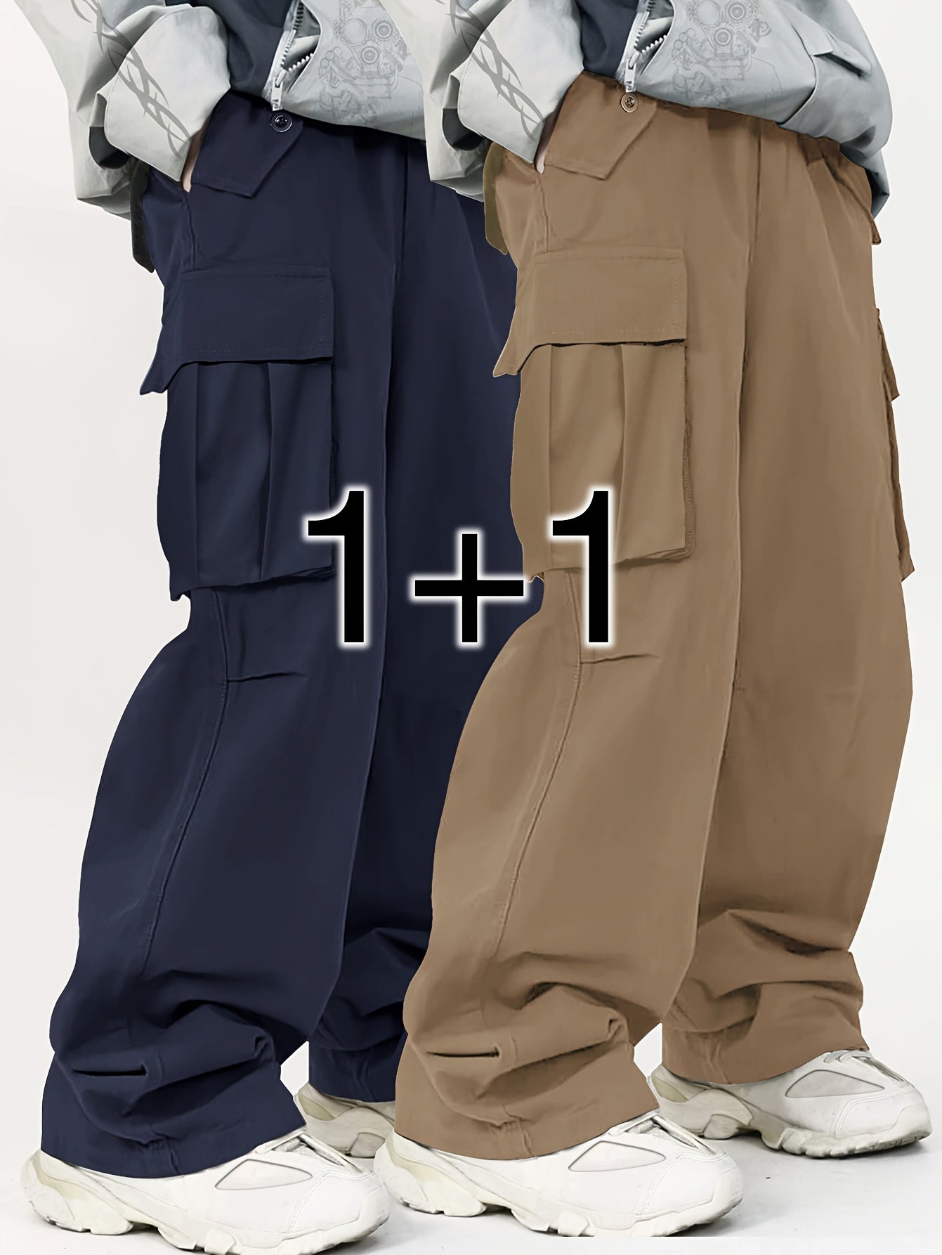 Two men's casual cargo pants with flap pockets in a solid color, loose fit, made of machine-washable polyester.