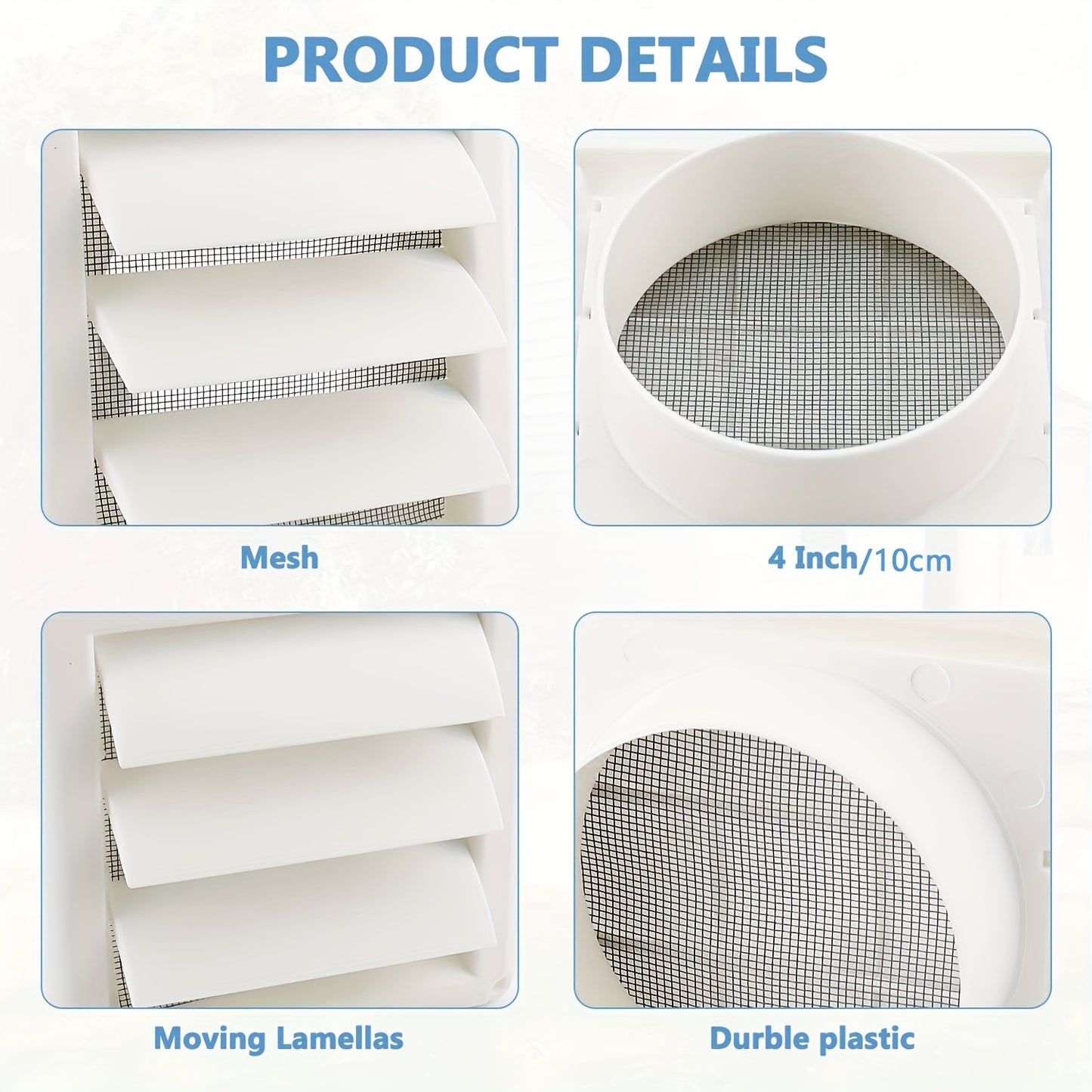 White dryer vent cover with screen for exterior wall vent hood outlet airflow, 10.16cm x 15.24cm in size. Includes 4 screws for easy installation.