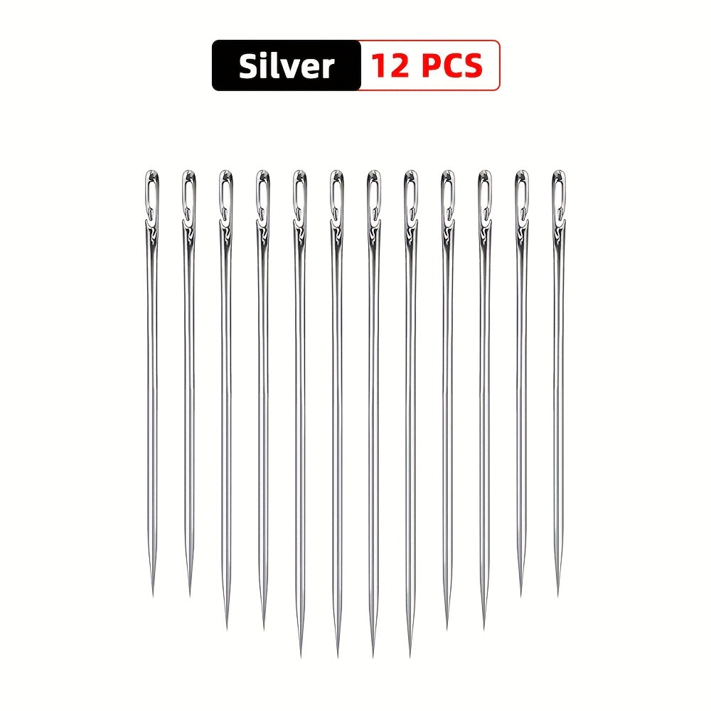 12 stainless steel sewing needles with side holes for easy threading. Ideal for elderly users and DIY projects. Suitable for sewing and crafting.