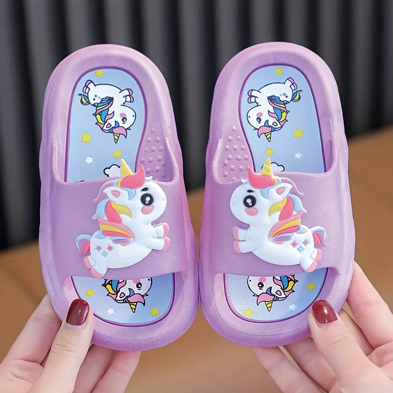 Girls' non-slip unicorn slippers for indoor use year-round.