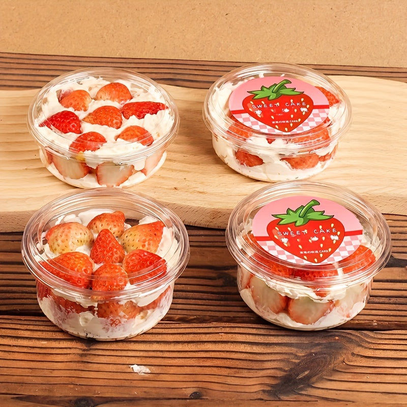 25 sets of clear plastic dessert cups with lids made from PET material, designed for reuse. These round candy packaging boxes are perfect for cakes, sweets, and fruit. They are transparent food containers suitable for both home and party use.