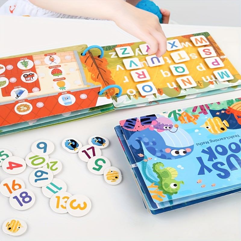 Interactive educational busy book for ages 3+ with alphabet and logic activities. Vibrant paper materials make it an early learning cognitive game, perfect for preschoolers.