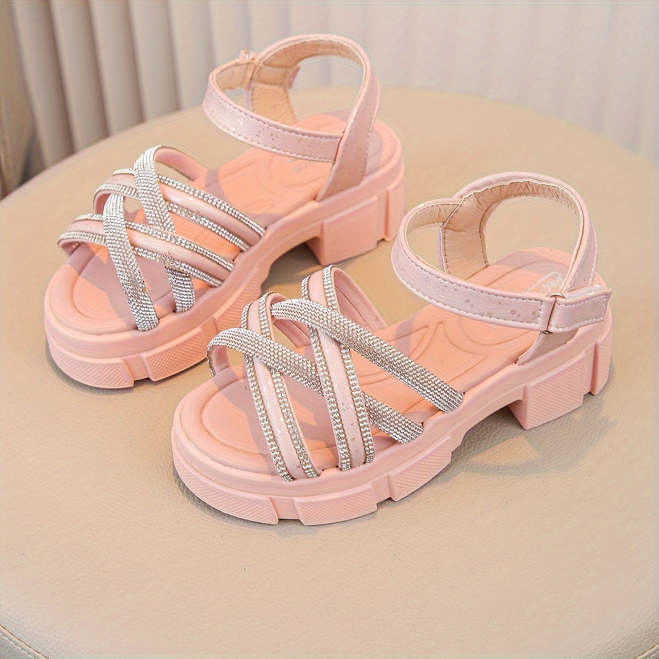 Pink princess sandals with sparkles, high heel, soft sole, hook-and-loop strap, rhinestone accents, for casual spring/summer wear, girls shoes.