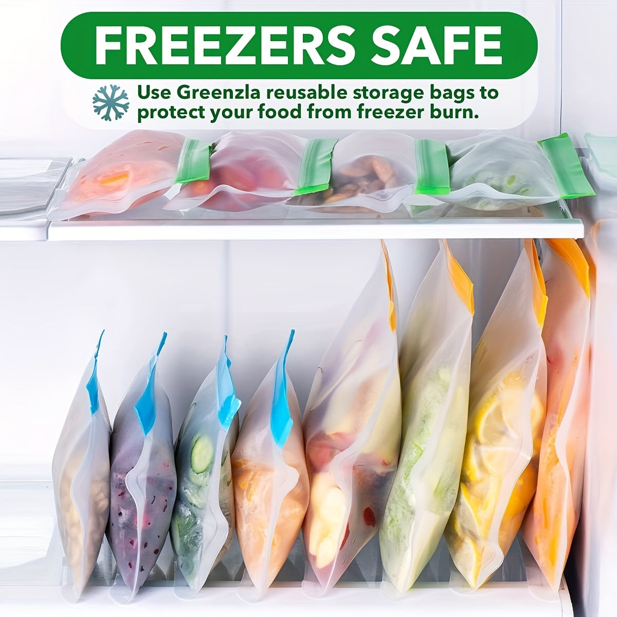 12 pieces of BPA-free reusable gallon-sized food storage bags with a super thick leak-proof design made of silicone and plastic. Perfect for storing meat, grains, sandwiches, snacks, travel essentials, and organizing your family's home kitchen supplies.